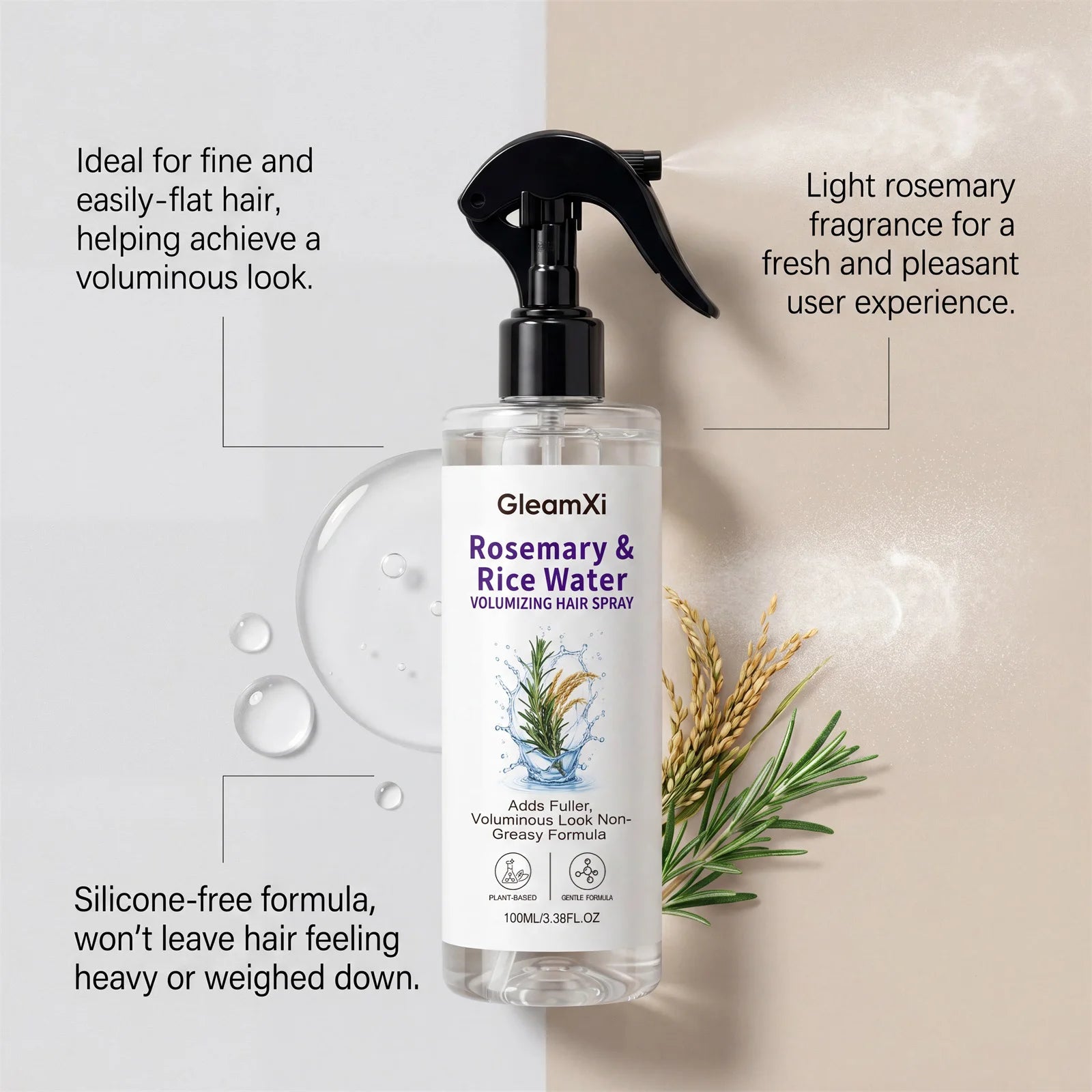 Rosemary Rice Water Hair Spray, Nourishes Roots & Ends, Leaves Hair Silky, Lightweight Texture, Long-Lasting Fresh Fragrance